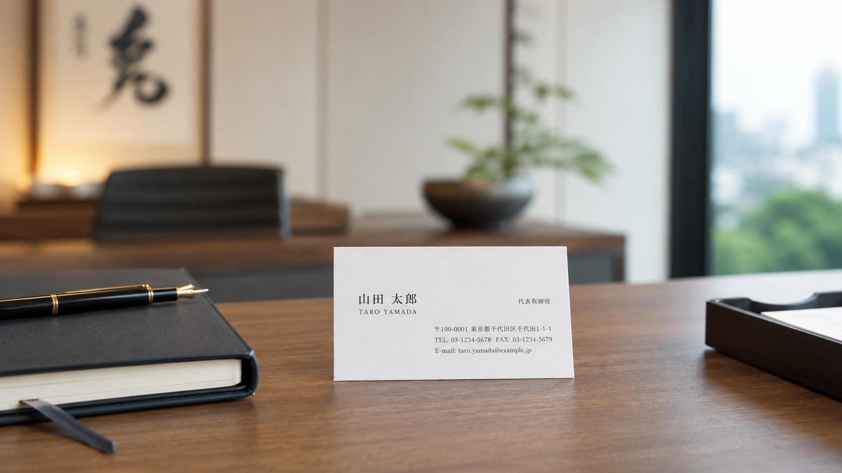 名刺と会社の身元を象徴する日本のオフィスの机上風景