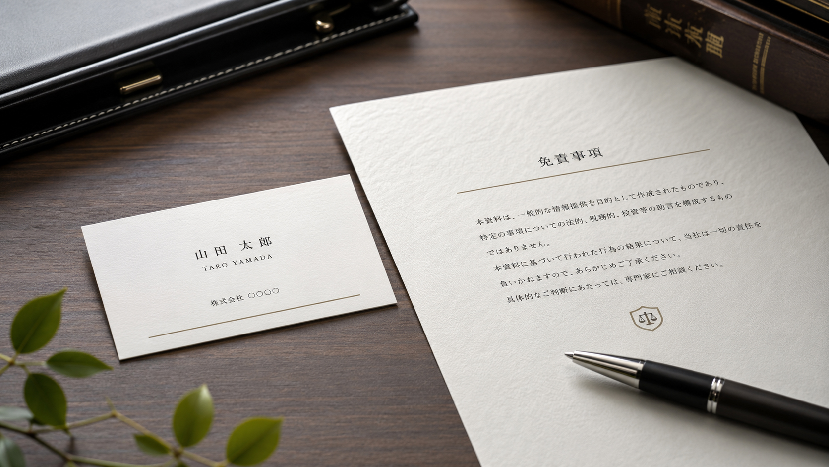 名刺と注意書きを示す静かな法務風の机上風景