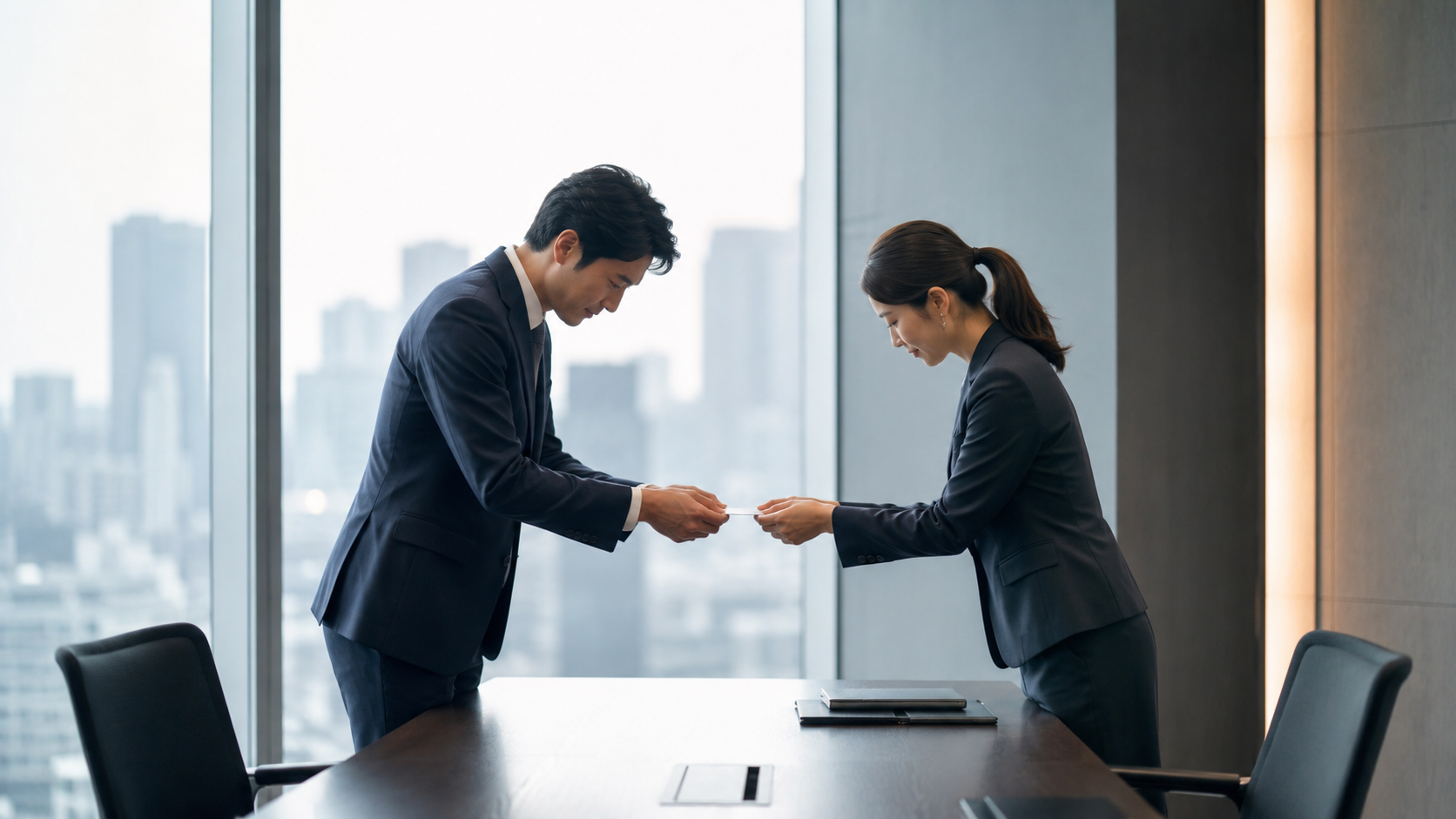 東京の会議室で両手を使って名刺交換をする場面