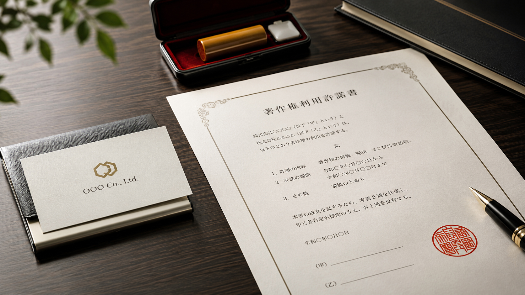名刺と権利書類を象徴する赤い印のある机上風景